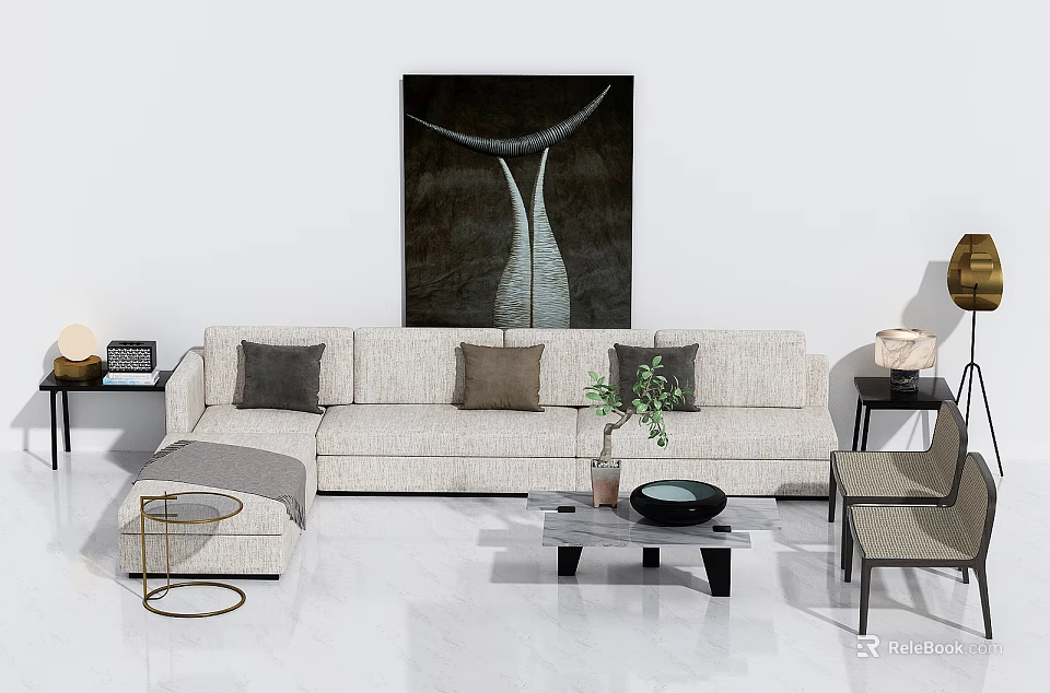 Modern Beige Sofa And Coffee Table Set With Dark Cushions Green Plant And Wall Art 3d model 