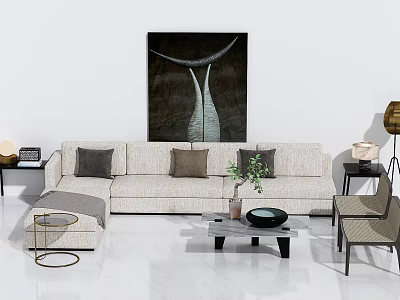 Modern Beige Sofa And Coffee Table Set With Dark Cushions Green Plant And Wall Art 3d model