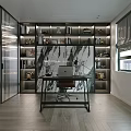 Modern Open Concept Living Dining Room With Wooden Walls Marble Coffee Table Black Sofa and Large Painting