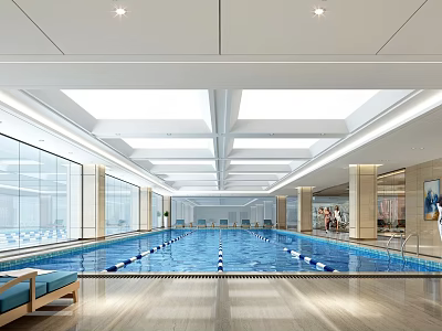Modern Indoor Swimming Pool With Glass Walls Swimming Lanes And Resting Benches 3d model