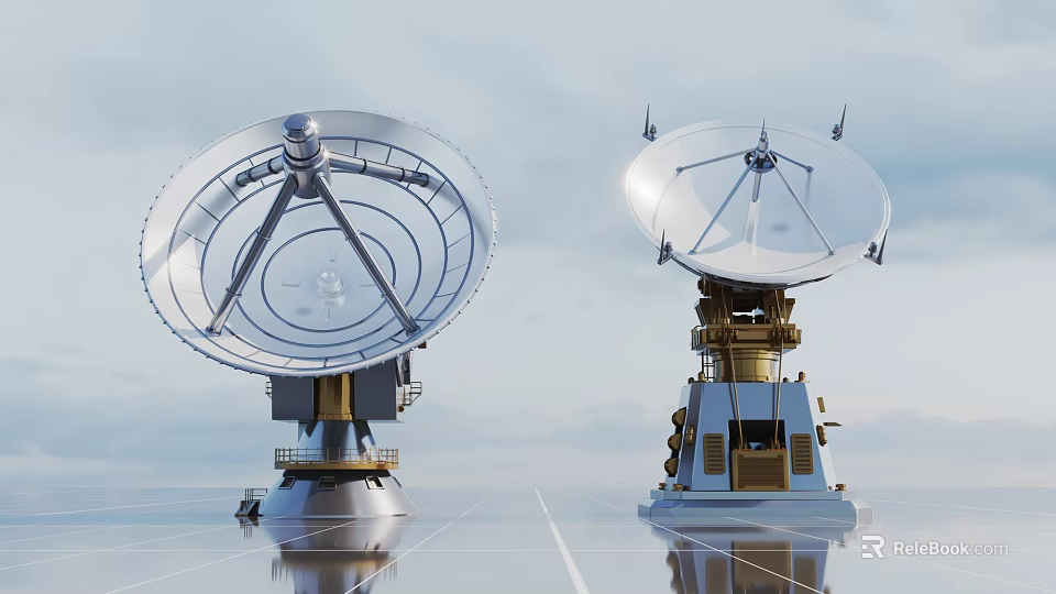 Large Satellite Dishes With Metal Frames On Reflective Ground Under Blue Sky 3d model 