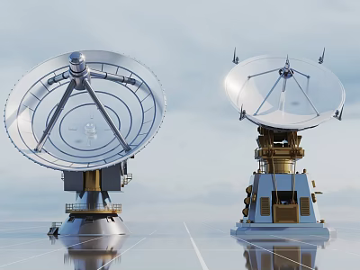 Large Satellite Dishes With Metal Frames On Reflective Ground Under Blue Sky 3d model