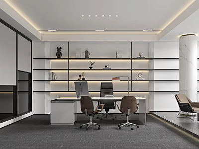 Modern Office Interior Design With Shelves Computer Desk Office Chairs And Marble Column 3d model
