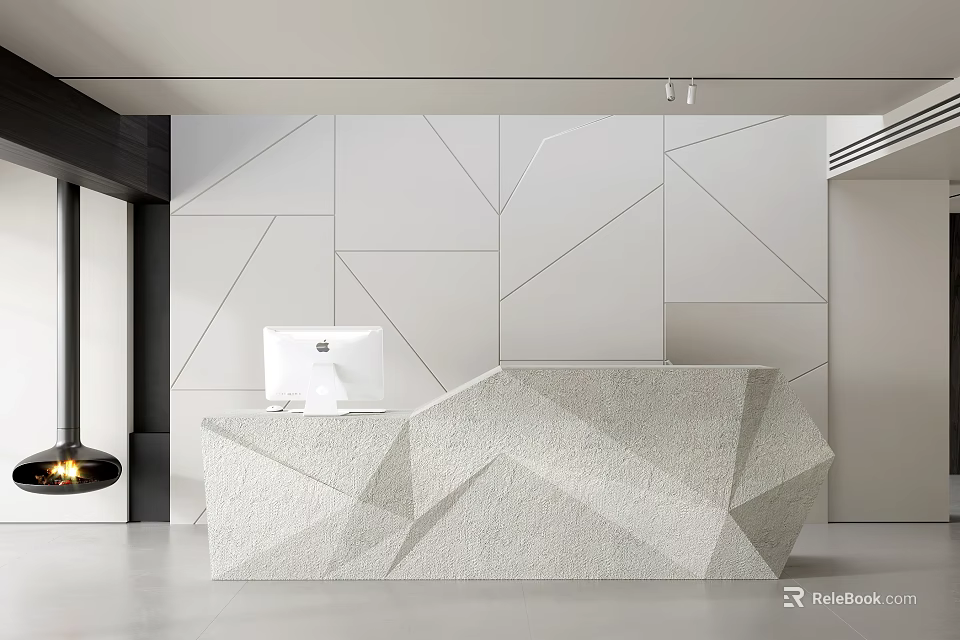 White Geometric Reception Desk With Marble Countertop And Computer In Minimalist Design 3d model 