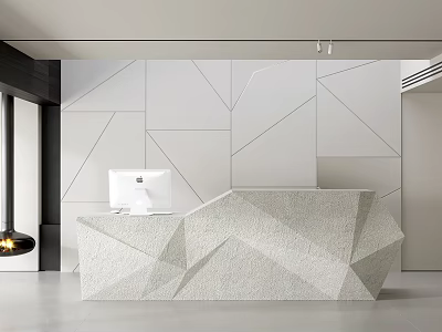 White Geometric Reception Desk With Marble Countertop And Computer In Minimalist Design 3d model