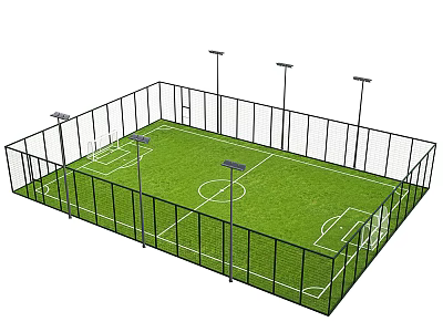 Outdoor Soccer Field with Fenced Perimeter Green Grass Marked Lines and Lighting Poles 3d model