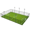 Outdoor Soccer Field with Fenced Perimeter Green Grass Marked Lines and Lighting Poles