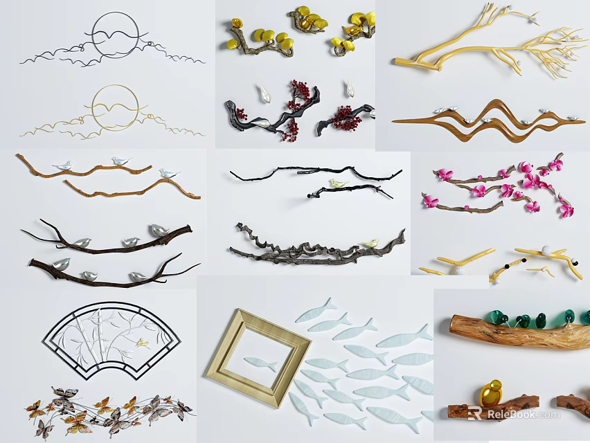 Modern Creative Wall Decor With Branch Shaped Metal Wooden Accents Flower Details And Fish Patterns 3d model 