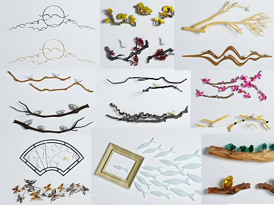 Modern Creative Wall Decor With Branch Shaped Metal Wooden Accents Flower Details And Fish Patterns 3d model