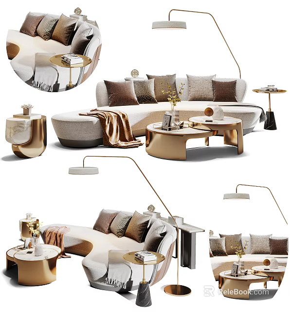 Elegant Modern Sectional Sofa With Plush Pillows Gold Coffee Tables And Floor Lamp 3d model 