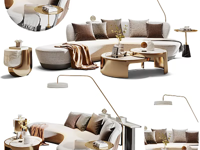 Elegant Modern Sectional Sofa With Plush Pillows Gold Coffee Tables And Floor Lamp 3d model
