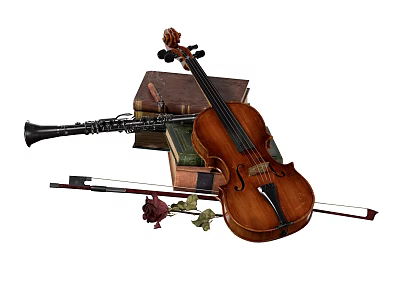 Vintage Musical Instruments With Books And Rose For Art Supplies 3d model