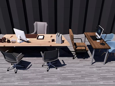 Modern Office Desk Setup With Wooden Top Computer Monitor And Office Chair 3d model