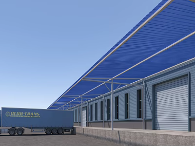 Modern Industrial Warehouse With Blue Canopy Roll Up Doors Windows And Hemplants Truck 3d model