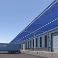 Modern Industrial Warehouse With Blue Canopy Roll Up Doors Windows And Hemplants Truck