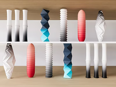 Modern Decorative Columns With Colorful Geometric Shapes On Wooden Shelves 3d model