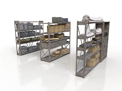 Industrial Metal Storage Shelves With Stacked Boxes Books And Packages 3d model