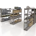 Industrial Metal Storage Shelves With Stacked Boxes Books And Packages