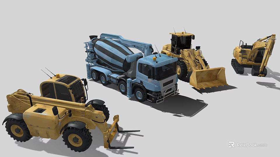 Blue Concrete Mixer Truck And Yellow Construction Vehicles Including Wheel Loader And Forklift 3d model 