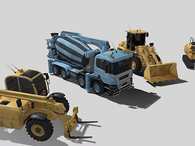 Blue Concrete Mixer Truck And Yellow Construction Vehicles Including Wheel Loader And Forklift 3d model