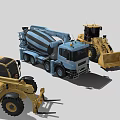 Blue Concrete Mixer Truck And Yellow Construction Vehicles Including Wheel Loader And Forklift