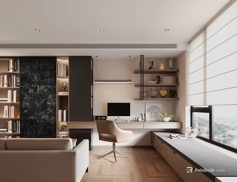 Modern Study Room Interior With Built in Bookshelves Wooden Desk And Computer Monitor 3d model 