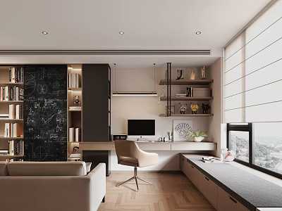 Modern Study Room Interior With Built in Bookshelves Wooden Desk And Computer Monitor 3d model