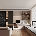 Modern Study Room Interior With Built in Bookshelves Wooden Desk And Computer Monitor