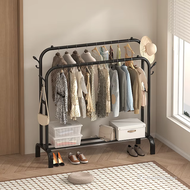 Black Metal Clothes Rack with Hanging Clothes Hat Storage Bins and Shoes in Home Interior 3d model 