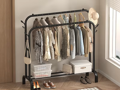 Black Metal Clothes Rack with Hanging Clothes Hat Storage Bins and Shoes in Home Interior 3d model