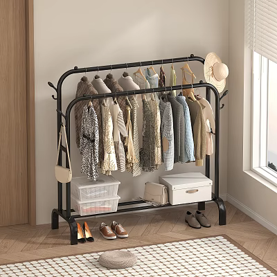 Black Metal Clothes Rack with Hanging Clothes Hat Storage Bins and Shoes in Home Interior 3d model