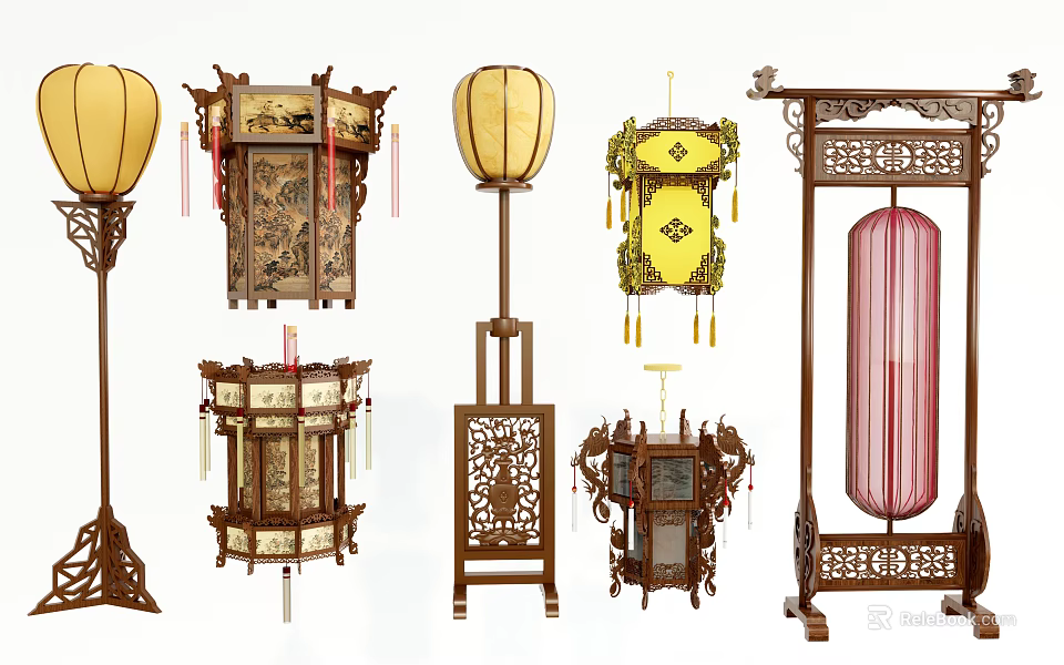 Chinese Style Lamp Combination With Wooden Carved Frames Hanging Lanterns And Floor Lamps 3d model 