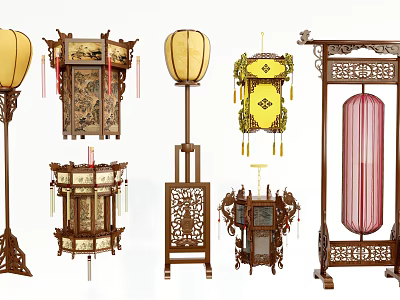 Chinese Style Lamp Combination With Wooden Carved Frames Hanging Lanterns And Floor Lamps 3d model