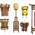 Chinese Style Lamp Combination With Wooden Carved Frames Hanging Lanterns And Floor Lamps