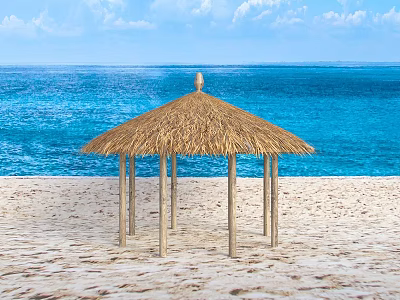 Thatched Roof Gazebo on Sandy Beach with Blue Ocean and Clear Sky Background 3d model