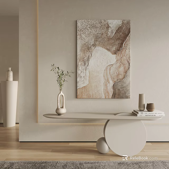 Elegant Abstract Painting In Beige Brown Gray Tones With Minimalist Table Vase Greenery And Books 3d model 