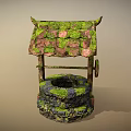 Rustic Ancient Well Structure With Thatched Roof Moss Covered Stones And Wooden Pulley