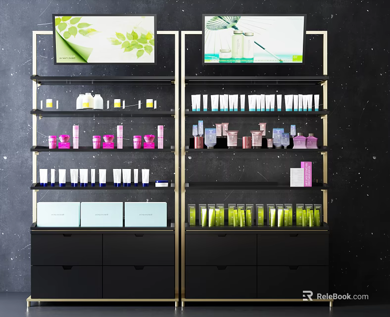 Elegant Black Gold Display Shelves With Cosmetic Bottles Jars and Decorative Artworks 3d model 