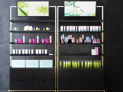 Elegant Black Gold Display Shelves With Cosmetic Bottles Jars and Decorative Artworks 3d model