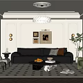 Elegant Living Room Interior With Black Leather Sofa Green Armchair Chandelier And Geometric Rug