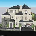 Modern Two Story Detached Villa With Garage Parked Cars And Green Plants