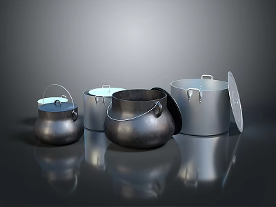 Modern Kitchen Electrical Appliances Featuring Multiple Pots With Lids On Reflective Surface 3d model