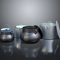 Modern Kitchen Electrical Appliances Featuring Multiple Pots With Lids On Reflective Surface
