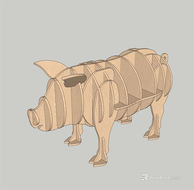 Pig Shaped Wooden Bookcase With Curved Wooden Planks And Unique Animal Inspired Design 3d model 