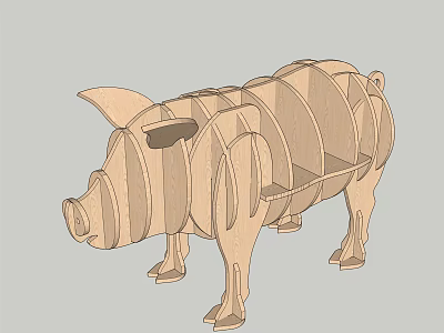 Pig Shaped Wooden Bookcase With Curved Wooden Planks And Unique Animal Inspired Design 3d model