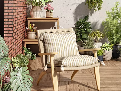 Striped Cushion Leisure Chair With Wooden Armrests In Outdoor Garden With Brick Wall And Plants 3d model