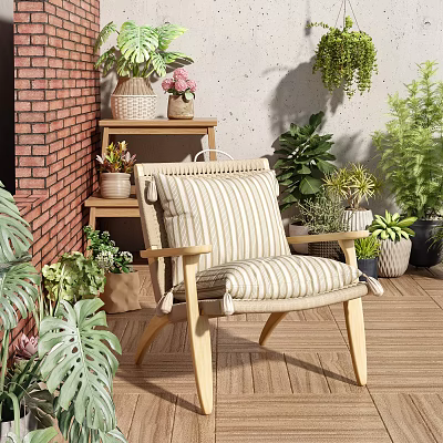 Striped Cushion Leisure Chair With Wooden Armrests In Outdoor Garden With Brick Wall And Plants 3d model
