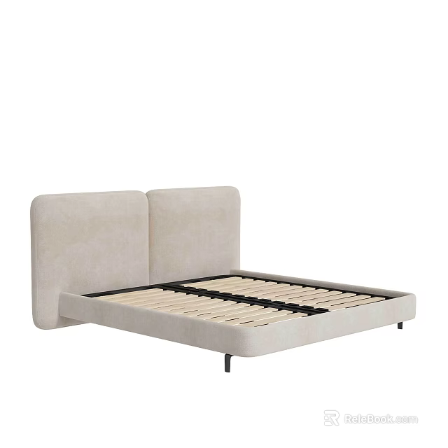 Modern Double Bed With Beige Upholstered Headboard And Sturdy Wooden Slats 3d model 