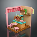 Charming Miniature Pink Shop Scenery With Striped Awning Wooden Tables And Shelf Decor