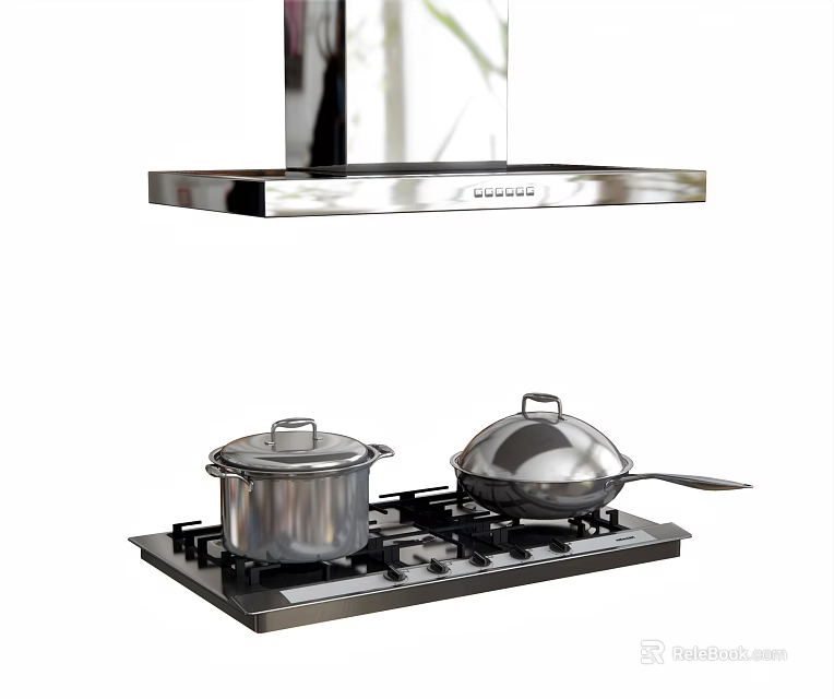 Modern Stainless Steel Kitchen Appliances With Gas Stove Range Hood And Cooking Pots 3d model 